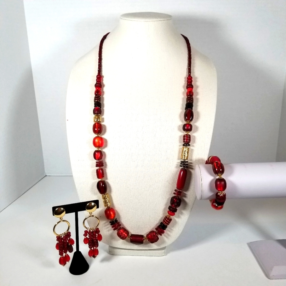 Chico's deep red necklace, bracelet and earrings